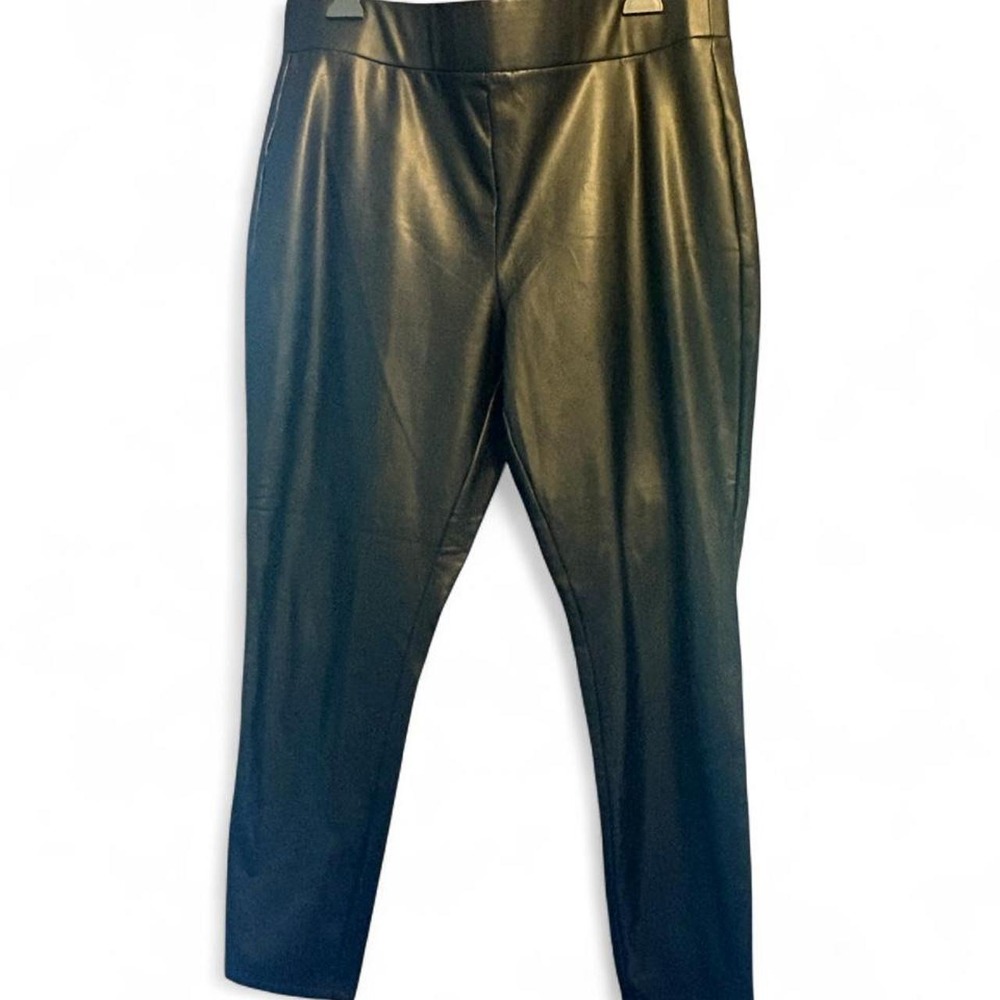 LOFT Women Black Faux Leather Tapered Pants XL Edgy High Rise Stretch Trousers